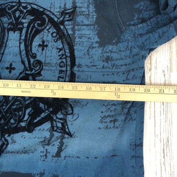 Affliction Shirt Thermal Long Sleeve Blue Wings Distressed Flocked Mens Size XL - Picture 10 of 11
